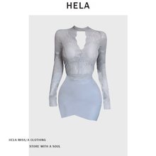 HELA 胖mm纯欲风V领蕾丝挂脖上衣女春2024大码性感辣妹包臀裙套装