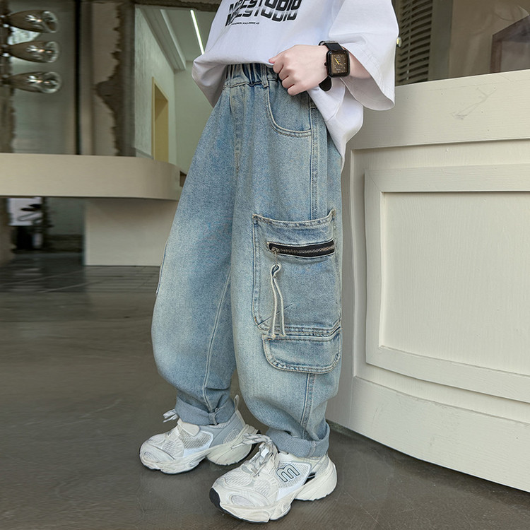 A502 Girls Denim Pocket Zipper Workwear Wide Leg Pants Blue Princess Miscellaneous European And American Jeans_voghion.com