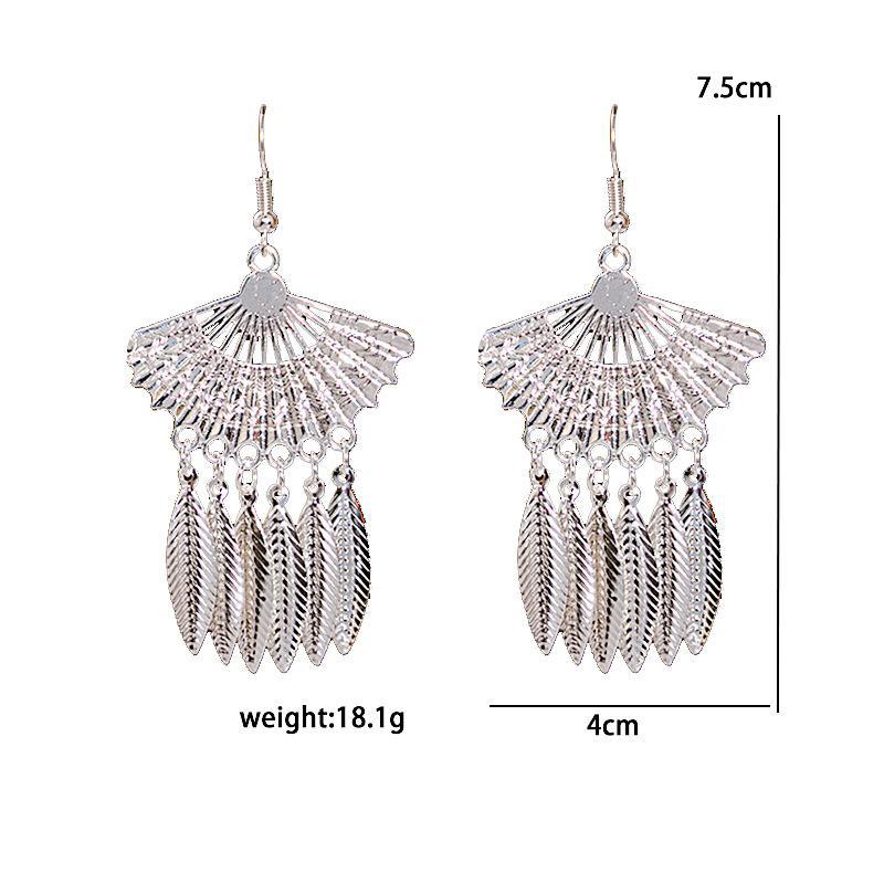 1 Pair Retro Leaf Sector Tassel Plating Hollow Out Inlay Alloy Turquoise Drop Earrings display picture 2