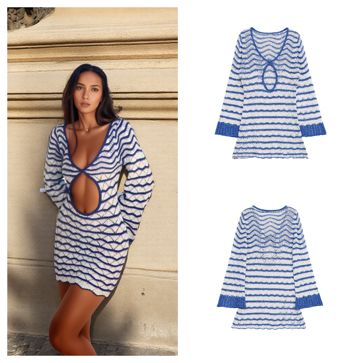 za 유럽과 미국의 국경 간 2025 새로운 여름 드레스 여성 휴가 해변 INS 인터넷 연예인 줄무늬 중공 드레스