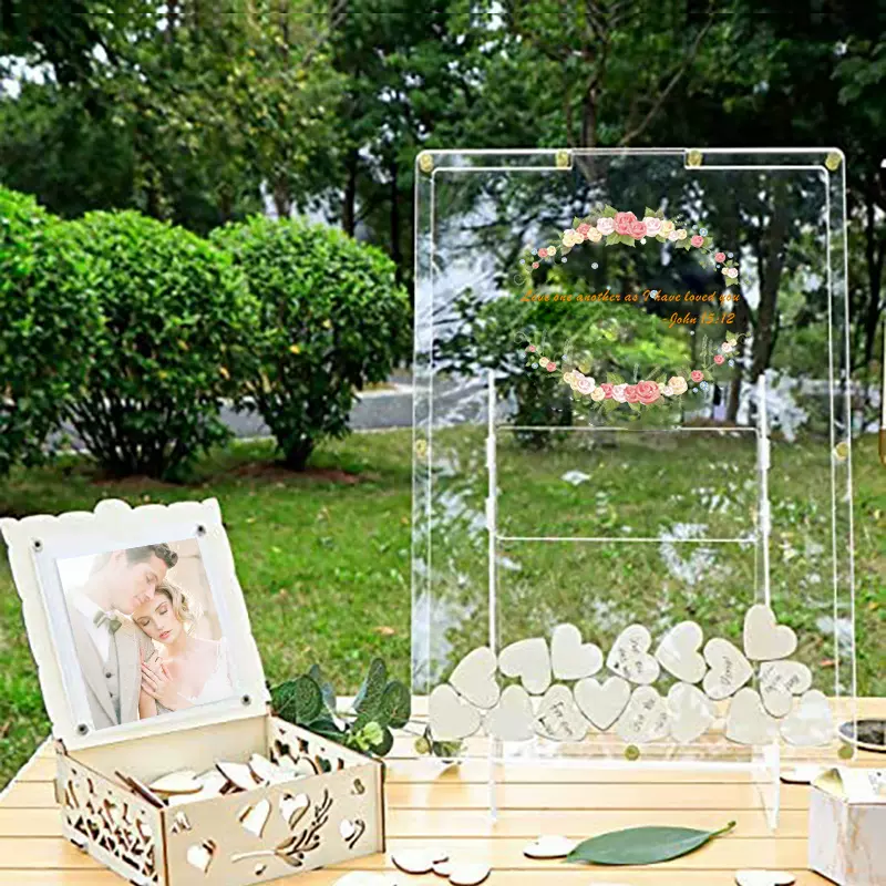 跨境新款亚克力带礼品照片婚礼签到透明留言板黑色爱心婚庆礼宾