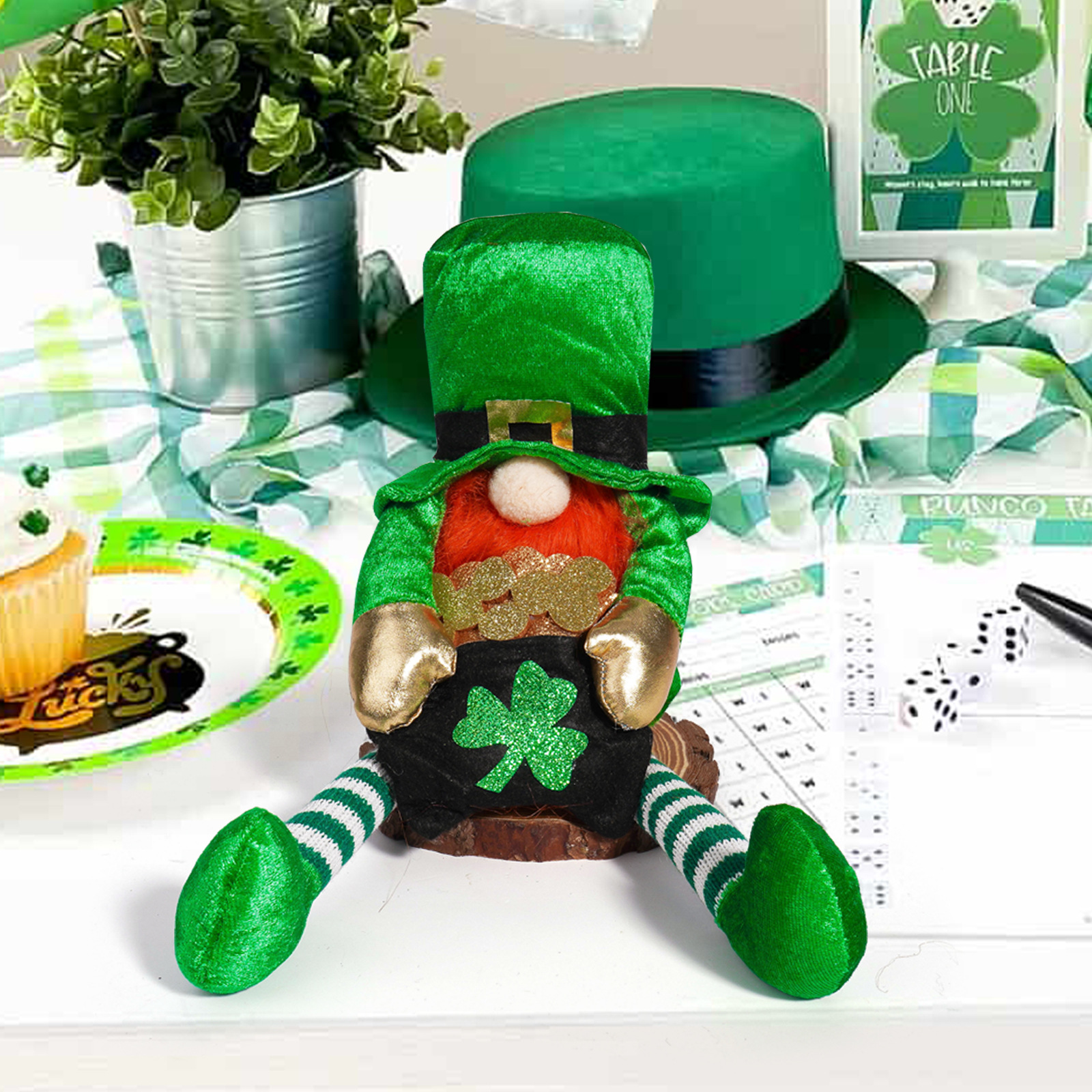 Transfronterizo irlandés Día de Patricio decoración muñeca de piernas largas verde arco iris enano hoja verde decoración Rudolph