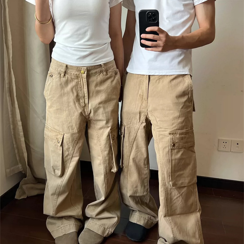 Khaki multi-pocket cargo pants for men, spring and autumn, American style, slimming, vintage, loose, versatile, straight-leg, wide-leg, casual long pants Khaki multi-pocket cargo pants for men, spring and autumn, American style, slimming, vintage, loose, versatile, straight-leg, wide-leg, casual long pants