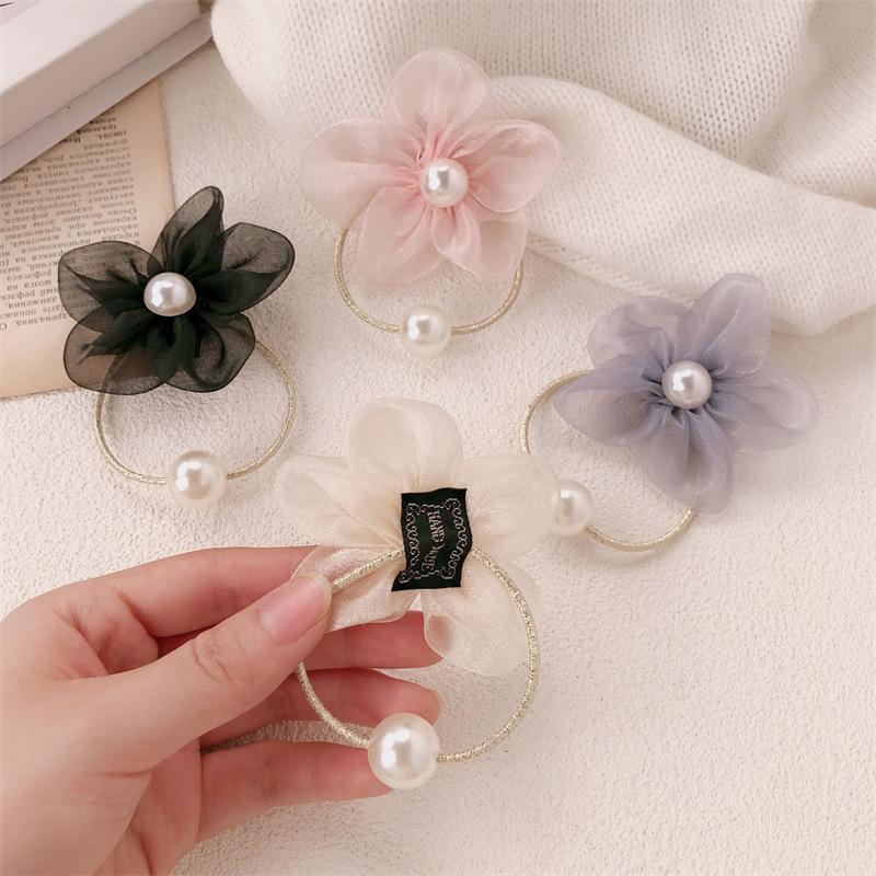 Nuevo hilo de malla de perla flor anillo de cabello de alta sensación de la cabeza de la corda de cabello de la corda de cabello de la cola de caballo temperamento banda de goma adornamiento para el cabello