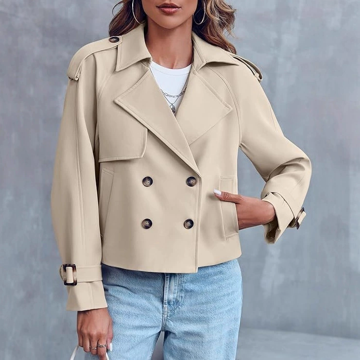 Женская модная ветровка с карманами, двубортная, короткая, повседневная, осень-зима 2025, трансграничная коллекция Amazon INS