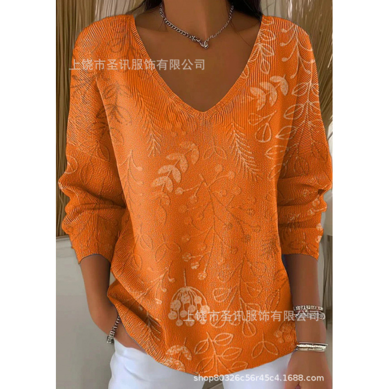 欧美跨境独立站新款3D印花女士时尚渐变色V领长袖T恤上衣|undefined