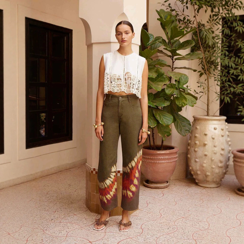 Cross-Border European and American Printed Denim Women's Long Pants, Colorful Stretchy Vacation-Style Straight-Leg Pants, Bohemian New Style Long Pants Cross-Border European and American Printed Denim Women's Long Pants, Colorful Stretchy Vacation-Style Straight-Leg Pants, Bohemian New Style Long Pants