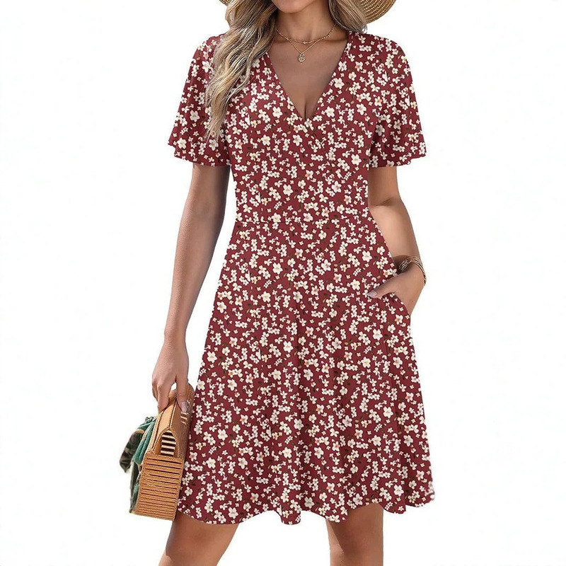 2026 European and American Style Summer Dress, Wrap-Around V-Neck Floral A-Line Short-Sleeve Floral Casual Dress 2026 European and American Style Summer Dress, Wrap-Around V-Neck Floral A-Line Short-Sleeve Floral Casual Dress