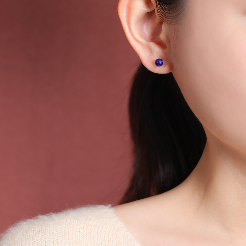 Khuyên tai nữ bạc S925 đính hạt lapis lazuli tròn phong cách tối giản — Một đôi