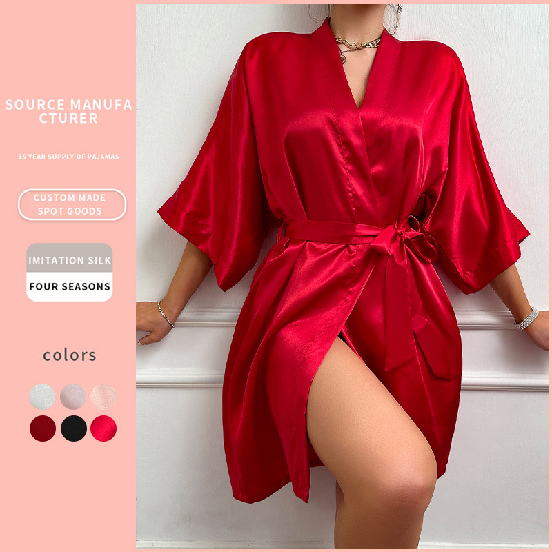 Danny Lin camisón de seda de simulación sexy estilo fino casual ropa de hogar pijamas de punto suelto simple bata de baño con cordones mujeres
