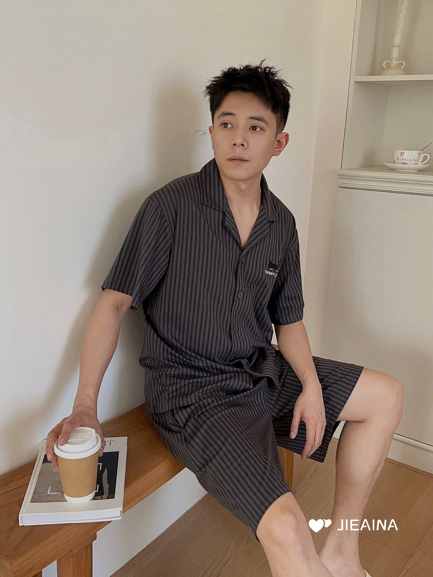 남성용 그레이 스트라이프(더블 쇼트)