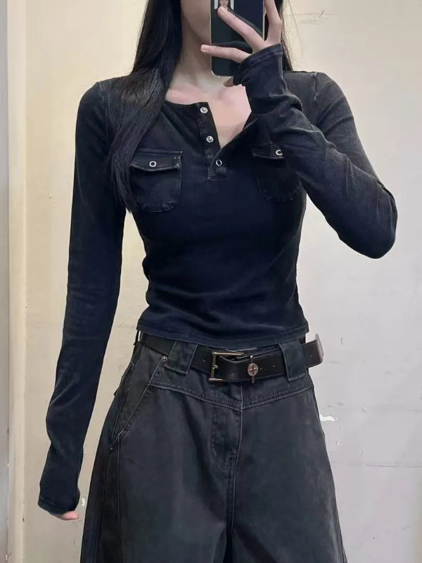 大码胖mm美式半开领双口袋长袖T恤女早秋辣妹风修身显瘦正肩上衣|undefined