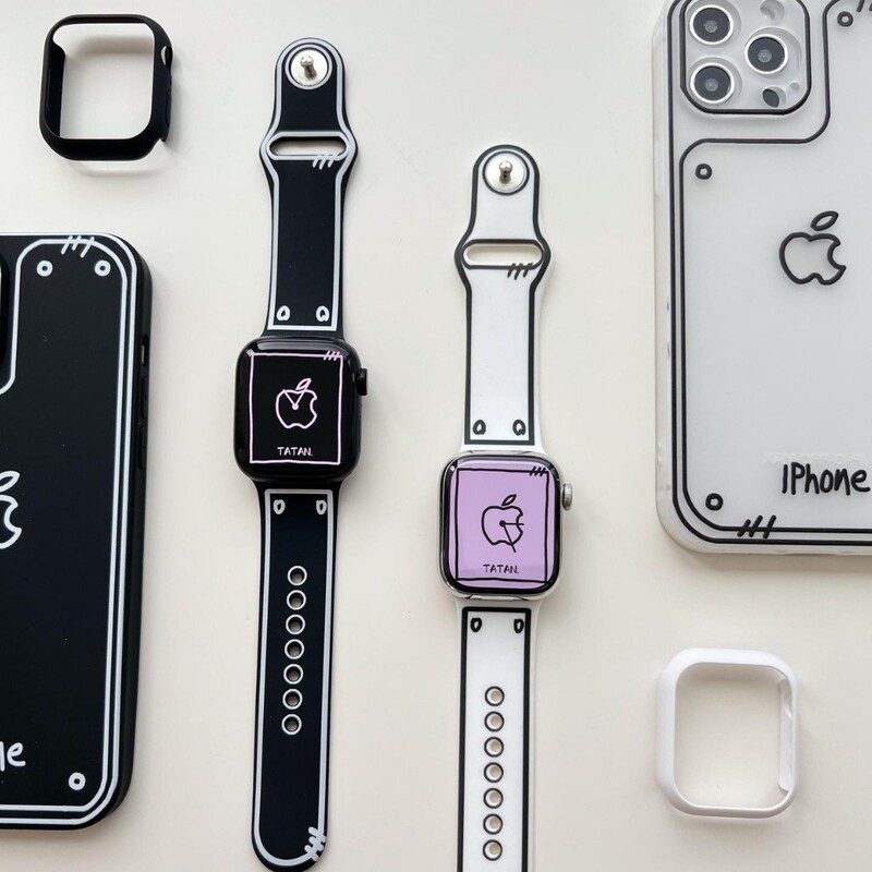 Cartoon Cute Graffiti Style Black and White Silicone Strap Suitable for Apple Watch Iwatch11 Creative Wristband 1098Se