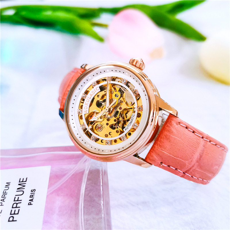 Oguras manufacturers a generation of automatic mechanical watch double-sided hollow casual leather ladies watch fashion