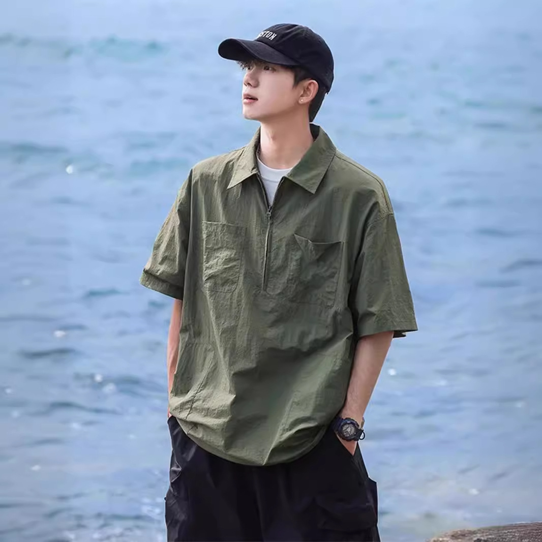 Half zip short shirt, men's summer brand, trendy and cool workwear, half sleeved casual lapel polo shirt_voghion.com