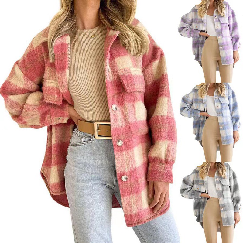 20224 European and American Cross-Border Autumn and Winter New Woolen Outwear Amazon Popular Plaid Mohair Outwear Long-Sleeved Outer