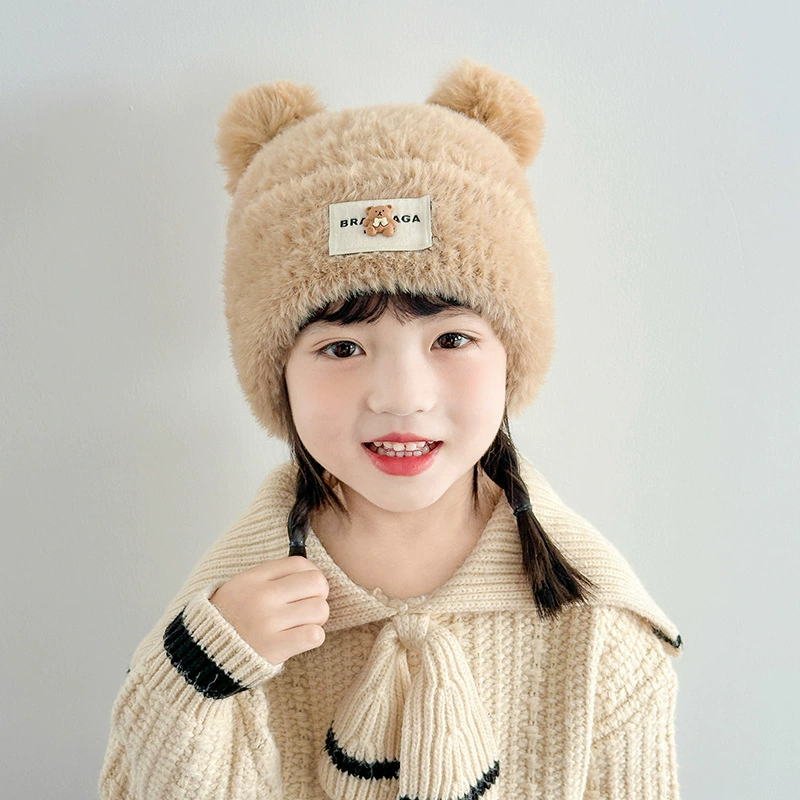 Детская плюшевая теплая шерстяная шапка, милый вязаный пуловер в корейском стиле с этикеткой «мужской и женский медвежонок»