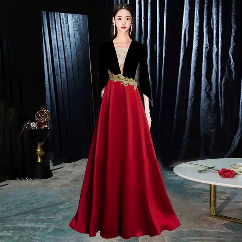 高端晚礼服合唱团比赛演出服装丝绒中国风红色合唱展演表演服