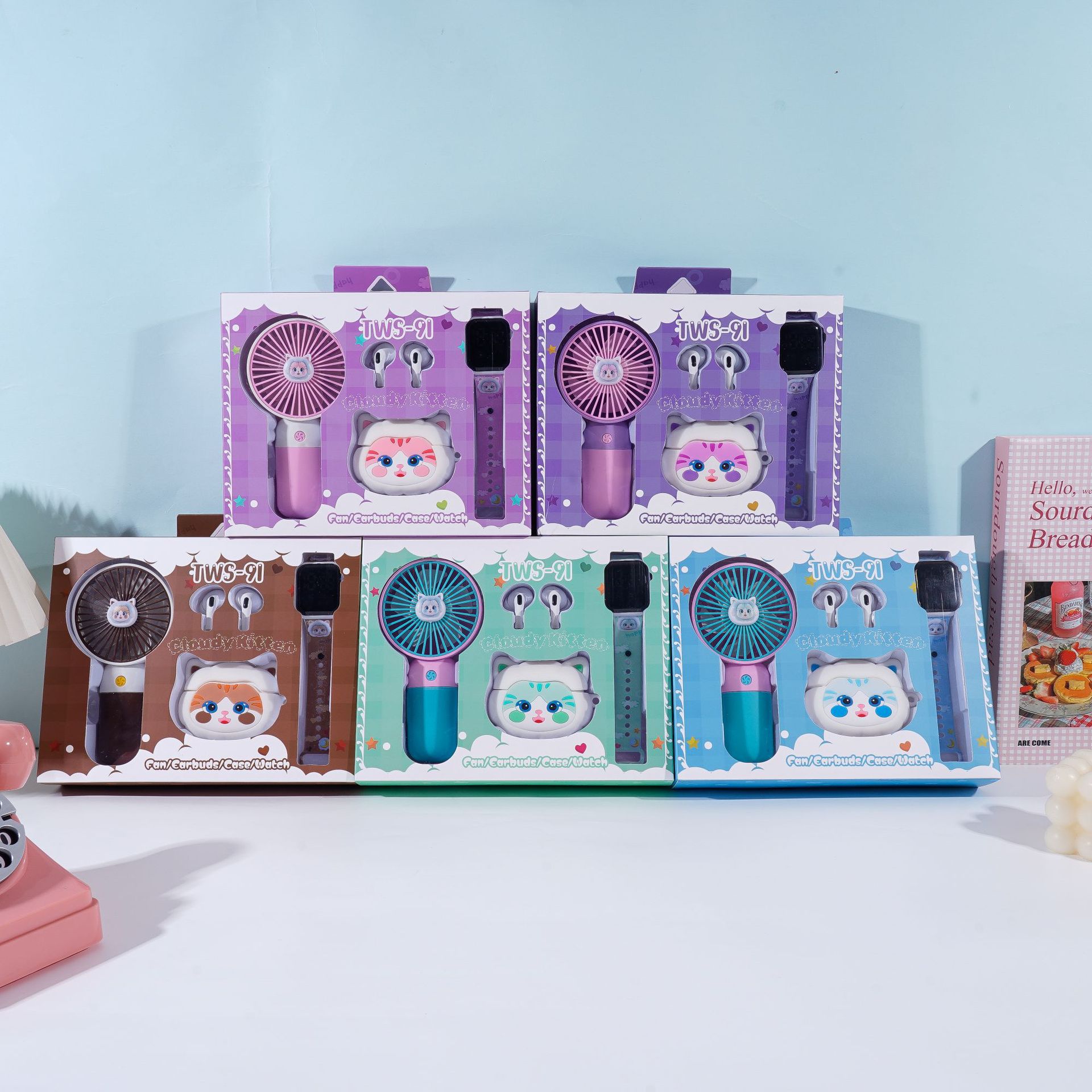 TWS-91 Three-Piece Gift Box Manufacturer, Handheld Mini Fan, Wireless Bluetooth Headset, LED Digital Watch Supply