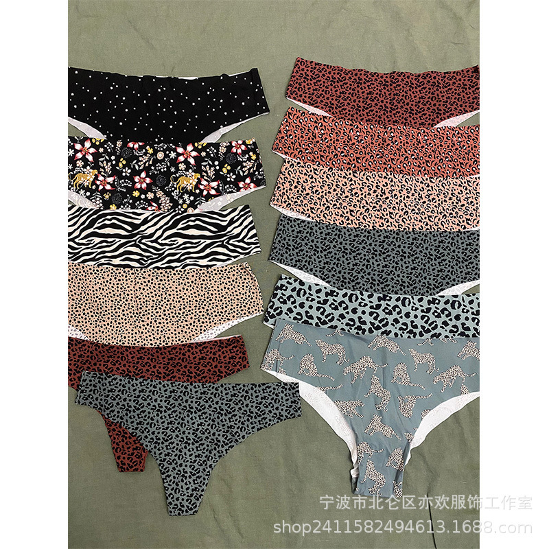 Dutch HEM @ one-piece frosted high elastic triangle seamless underwear leopard print low waist sports invisible thong