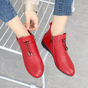 Genuine Leather Flat Heel Soft Sole Short Boots for Women 2024 Autumn and Winter Fleece-Lined Cotton Shoes Simple Round Toe Large Size Mother's Shoes Single Boots