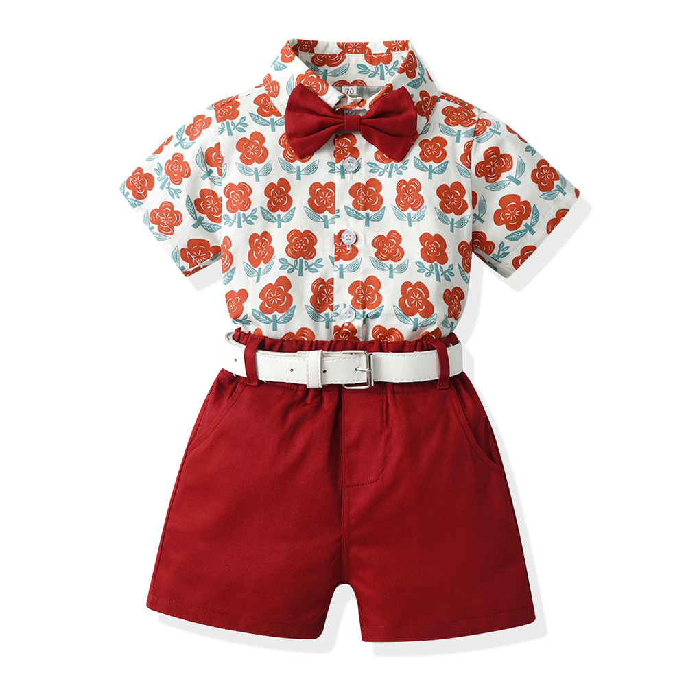 Impresión pastoral de verano con solapa camisa de mangas cortas para niños pantalones cortos dos piezas set coreano para niños y niñas show dress set