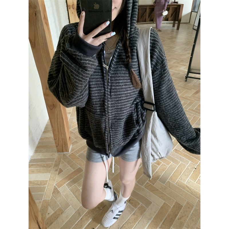 实拍 秋季美式复古慵懒风宽松条纹开衫连帽卫衣女长袖外套潮88239|undefined