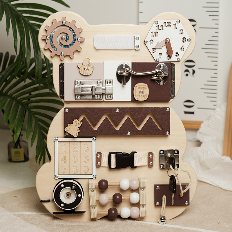 Cross-Border Wooden Children's Montessori Teaching Aids Bear Busy Board Mechanism Unlocking Baby Enlightenment Early Education Educational Toys