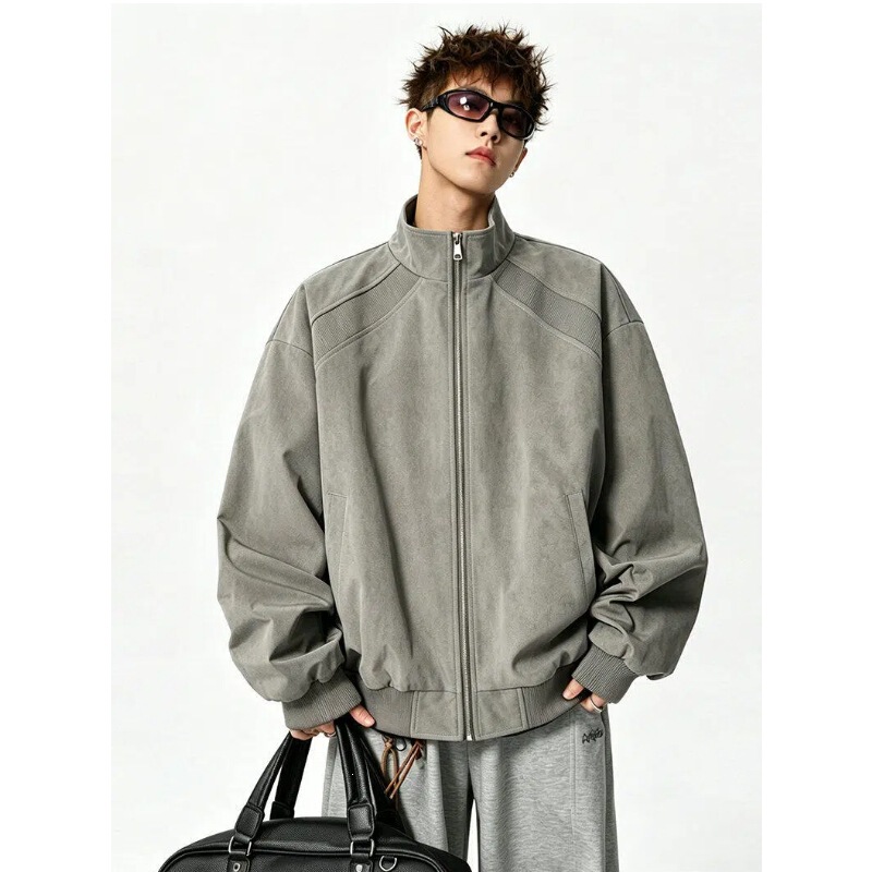 American retro matte tie-dye stand-up collar bomber jacket, men's autumn short-style functional patchwork outerwear, trendy leather jacket American retro matte tie-dye stand-up collar bomber jacket, men's autumn short-style functional patchwork outerwear, trendy leather jacket