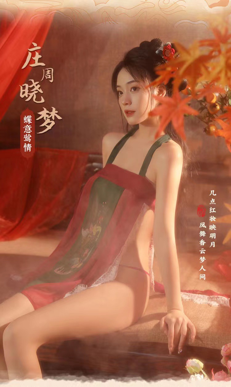 Apsara Consez Red Lace Slip Pajama Dress, Sexy Chinese-Style Babydoll, One Size — detail image 5
