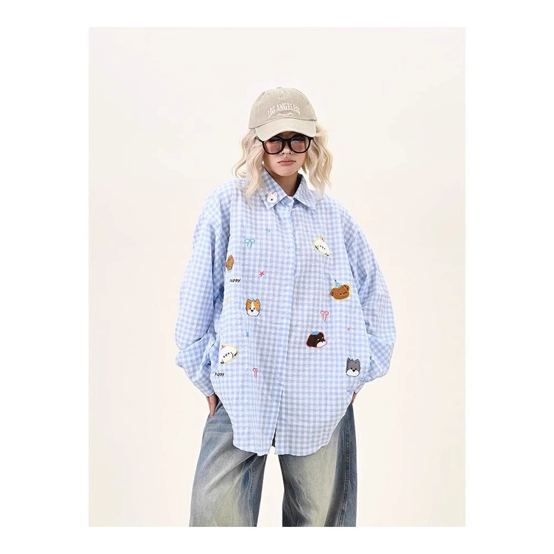 2025 New Early Spring Japanese Style Retro Fun and Cute Embroider Pattern Textured Plaid Long-Sleeved Shirt Women's Jacket
