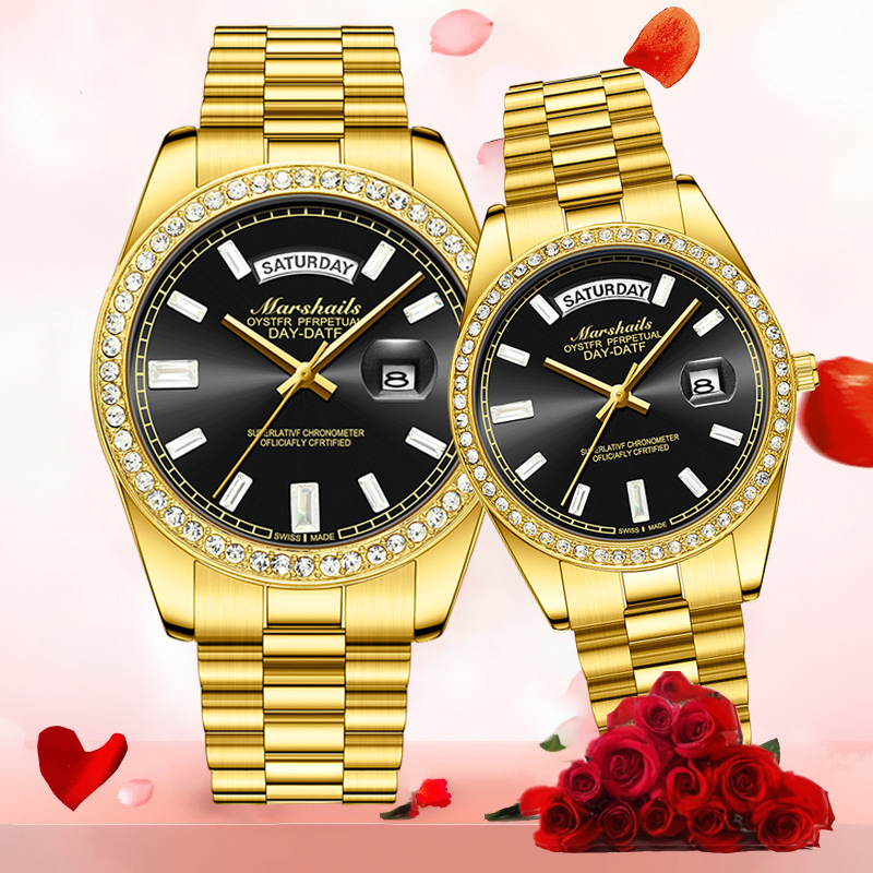 Black Rock Sugar Automatic Hollow Fake Mechanical Watch Women Men Luminous Calendar Waterproof Solid Steel Band Couple Watches