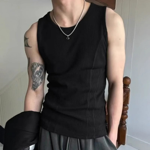 2025 New Ribbed I-Beam T-Shirt Fitness Sleeveless T-Back Top Men Elastic Casual Sports Sweatshirt Backless Top T for Summer