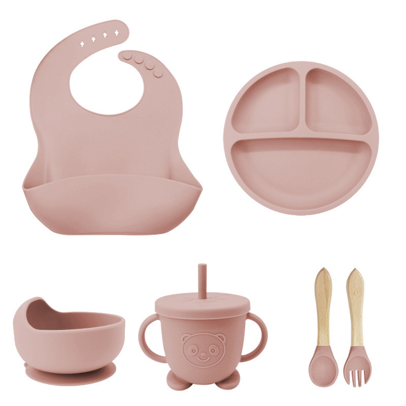 Lotus root starch 6-Piece Set: Bib + suction cup + bowl + straw cup + wooden fork spoon