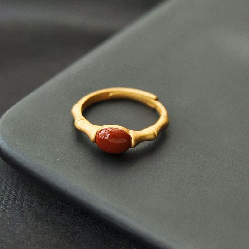 Кольцо из агата Нанхун для женщин, эксклюзивный дизайн, чистое древнекитайское золото, регулируемое открытое кольцо, матовое красное рубиновое кольцо.
