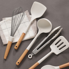 Silicone spatula non-stick pot, high-temperature resistant silicone spoon, slotted spoon, wooden handle silicone kitchenware set, spatula wholesale
