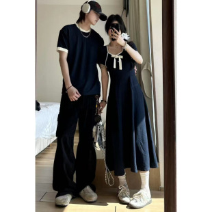 2025 Real Shot Couple Outfit Bow Dress Long Skirt Slimming Elegant Men's Shirt Performance Costume