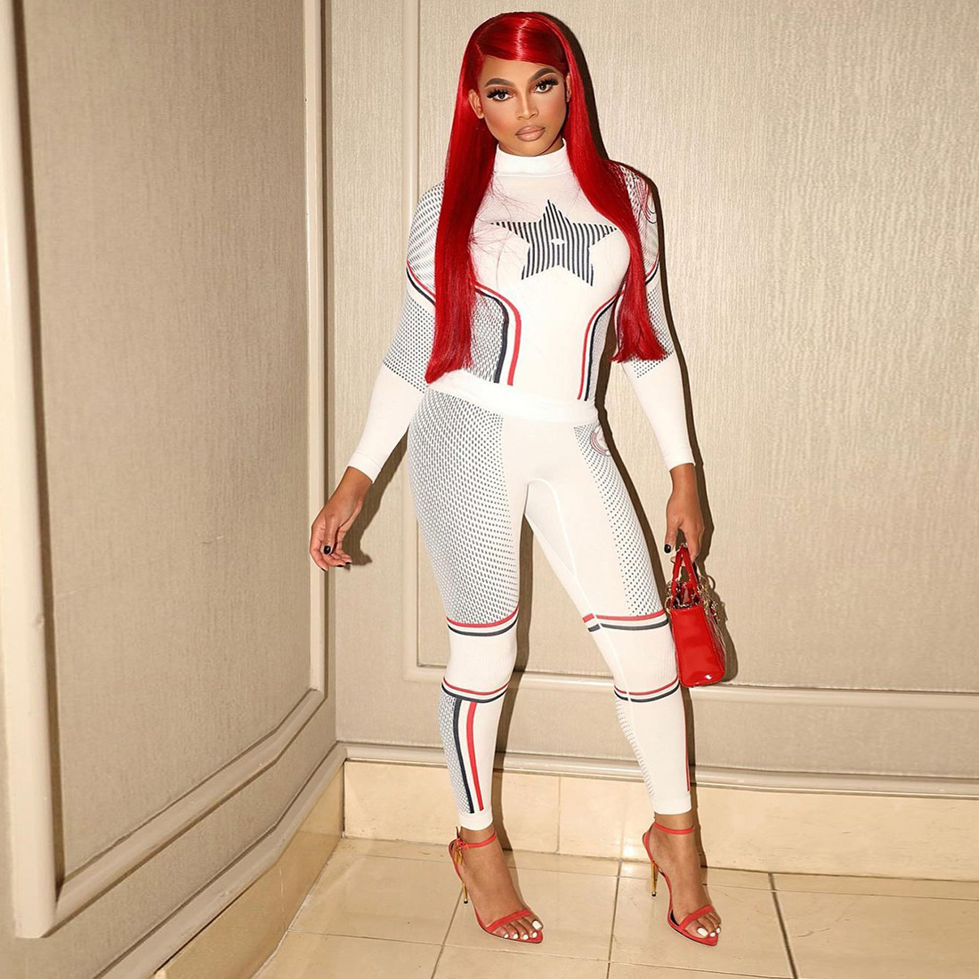 European and American Cross-Border Autumn and Winter New Women's Fashion Trendy Elastic Round-Neck Printed Tight-Fitting Sports Pants Two-Piece Set