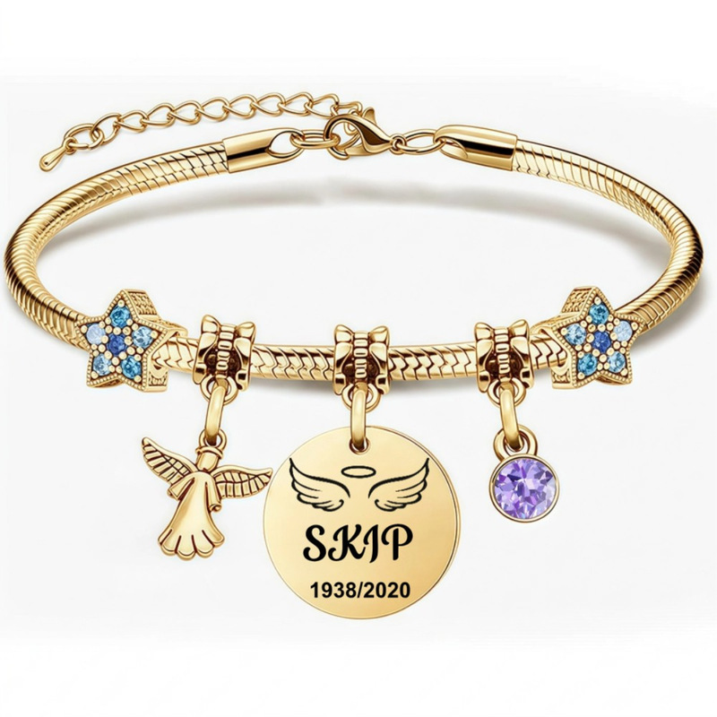 Women's Stainless Steel Bracelet with Gold Angel Wings Round Pendant, Laser Engraving, Zirconia, and Birthstone Women's Stainless Steel Bracelet with Gold Angel Wings Round Pendant, Laser Engraving, Zirconia, and Birthstone