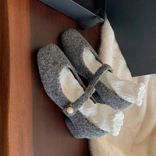 毛呢粗跟方头单鞋女2025新款秋冬加绒一字带玛丽珍毛毛鞋保暖棉鞋