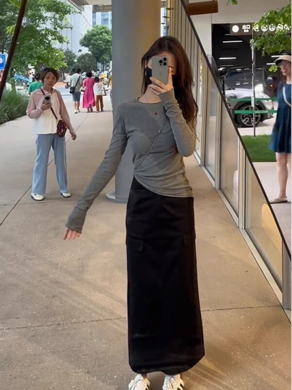 感超好看灰色修身内搭打底衫上衣女秋冬薄款外搭长袖正肩t恤|undefined
