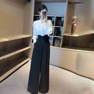 窄版阔腿裤高腰垂感西装裤飒气御姐套装喇叭袖上衣新中式立领衬衫