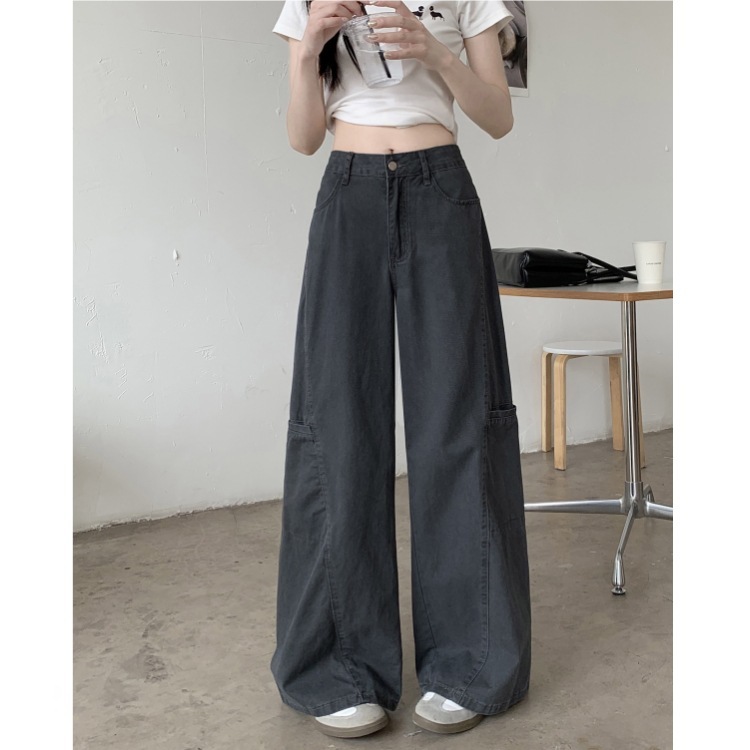 灰色复古做旧牛仔裤女2025秋季新款宽松显瘦阔腿美式休闲拖地长裤|undefined