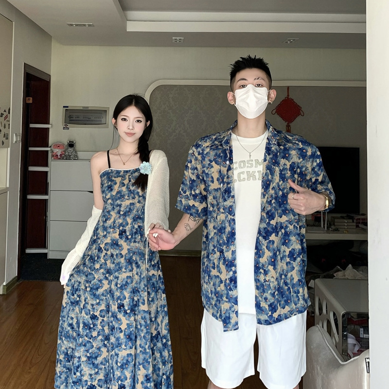 2024 여름 커플 의류 여성 티 브레이크 프렌치 레트로 꽃 스트랩 비치 원피스