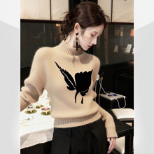 超好看卡其色半高领长袖毛衣2025秋冬新款小个子短款修身印花上衣