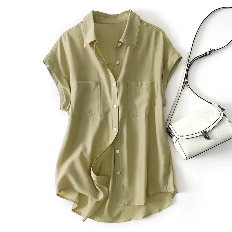 Vintage Hong Kong Style Lightweight Tencel Shirt for Women, Summer Design with Unique Flutter Sleeves, Loose Flowing Blouse Trend