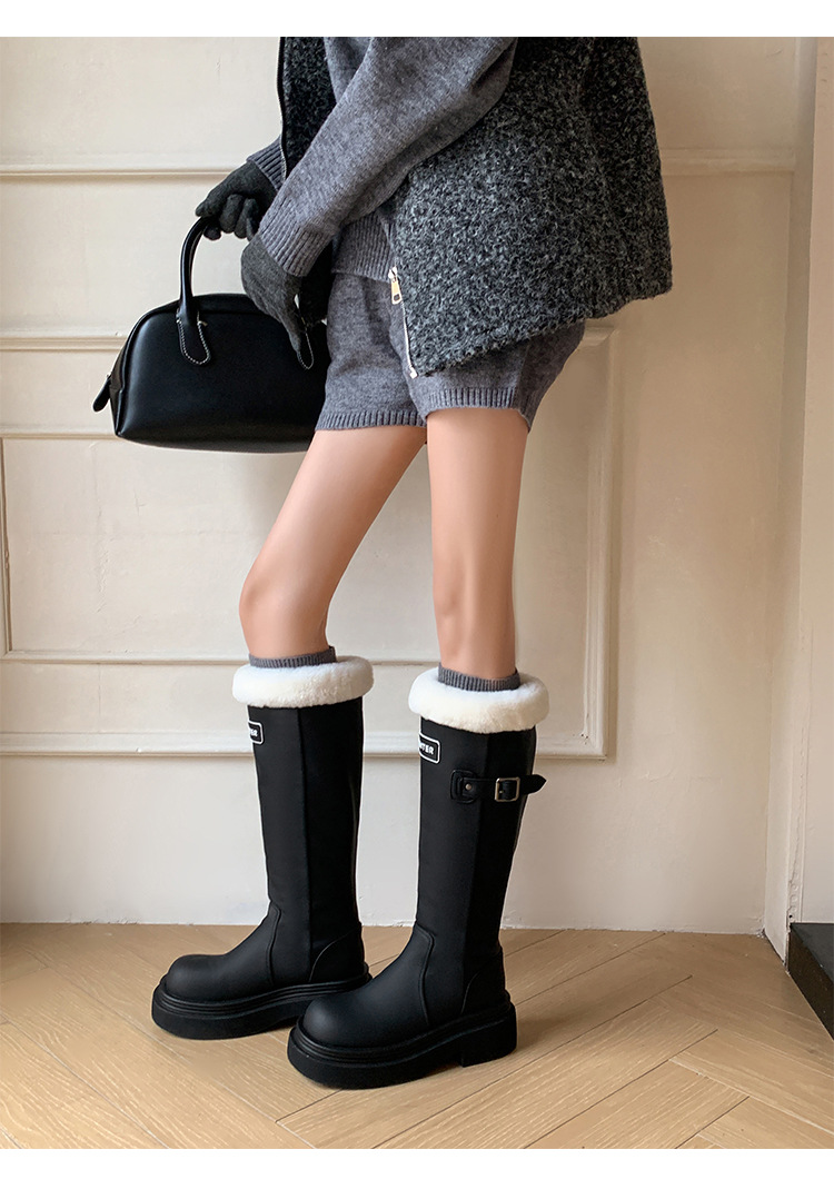 Boot nữ cổ cao ôm bắp chân lót lông cừu ấm áp đế dày da bò — màu đen chi tiết 8