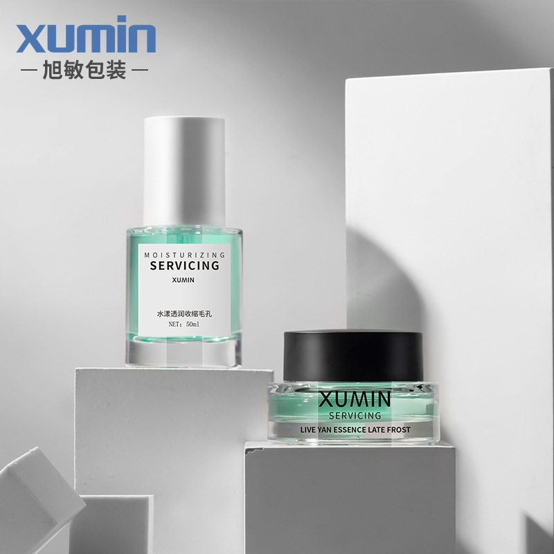 Xumin botella de vidrio de alta transparencia botella de crema de 30g botella cuentagotas 100mL botella de loción de cubierta blanca botella de spray de 120ml