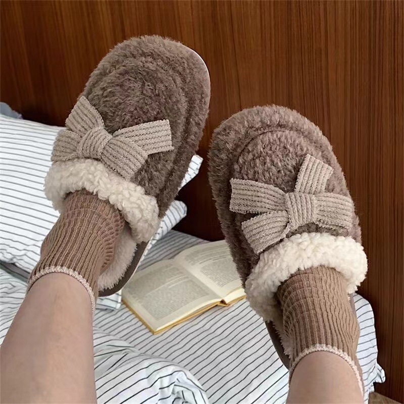 Cotton Slippers Women's Winter Cute Bow Slippers Thick Bottom Home Non-slip Couple Cotton Slippers Thickened Moon Slippers