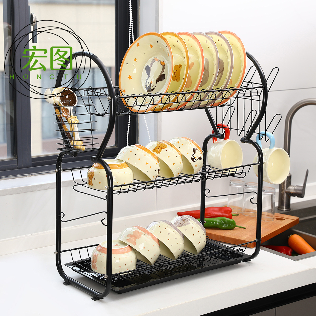 Cross-border kitchen dish rack, countertop organizer for bowls, chopsticks, plates, and cups, detachable and drainable dish rack for home use